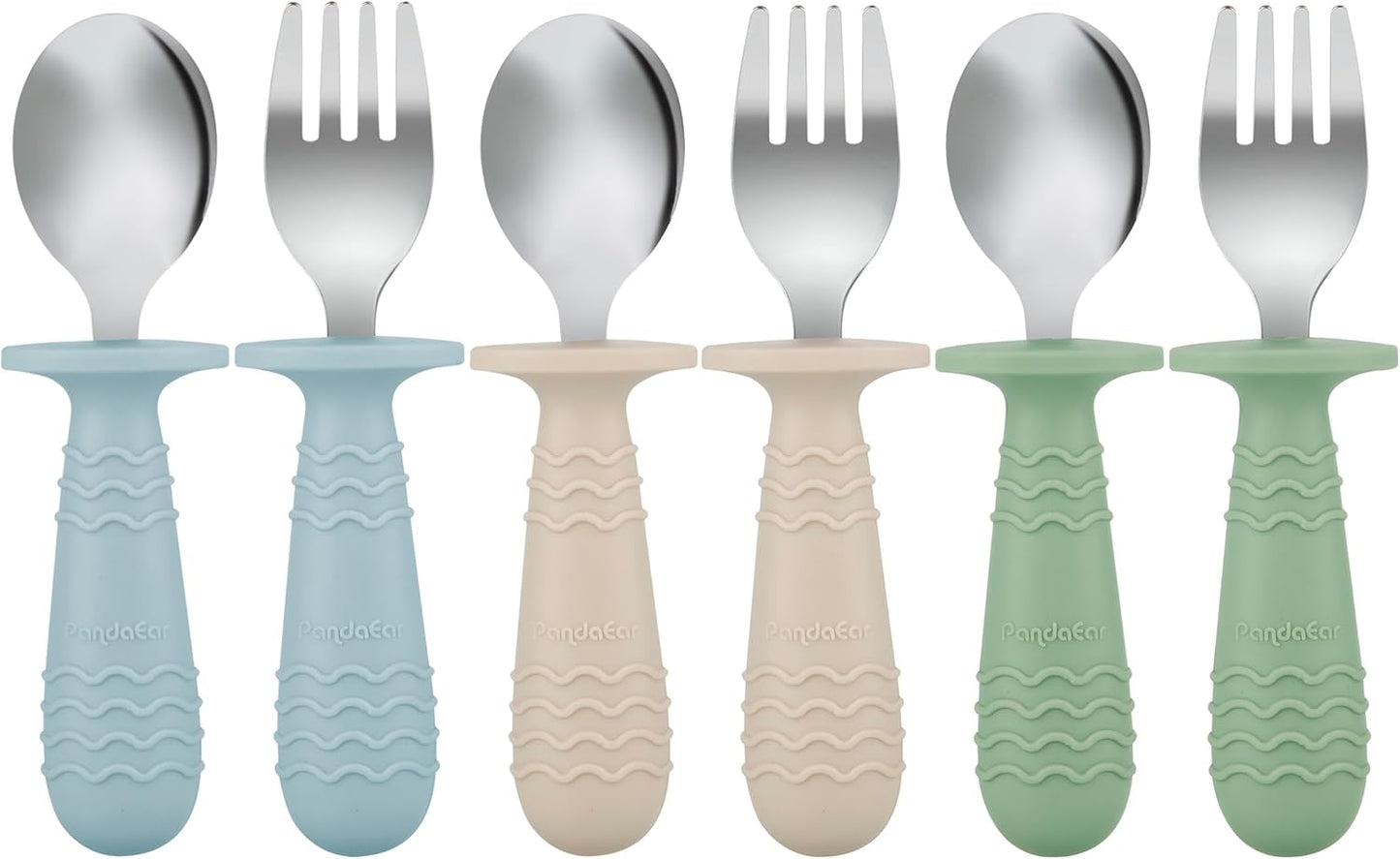 PandaEar Baby Toddler Utensils Set - 6 Pieces Silicone & Stainless Steel Forks and Spoons | BPA Free, Anti-Choke Design (Blue, Green, Beige)