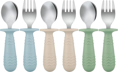 PandaEar Baby Toddler Utensils Set - 6 Pieces Silicone & Stainless Steel Forks and Spoons | BPA Free, Anti-Choke Design (Blue, Green, Beige)