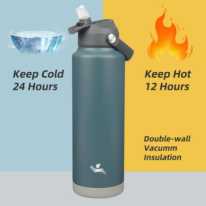 Skiennix Insulated Water Bottle - 40 Oz Stainless Steel with Straw Lid & Silicone Handle | Dark Gray