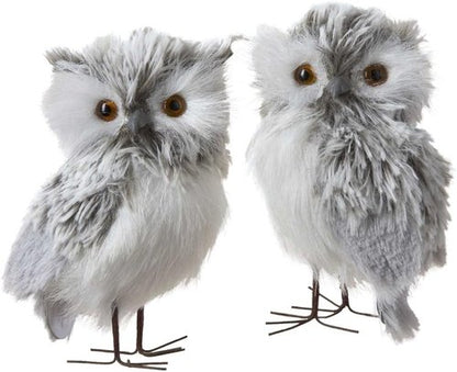Kurt Adler 5-Inch Furry Gray Owl Figurines - Charming Set of 2 for Home Decor