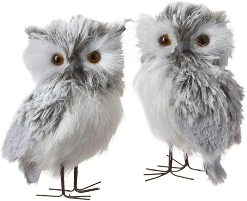 Kurt Adler 5-Inch Furry Gray Owl Figurines - Charming Set of 2 for Home Decor
