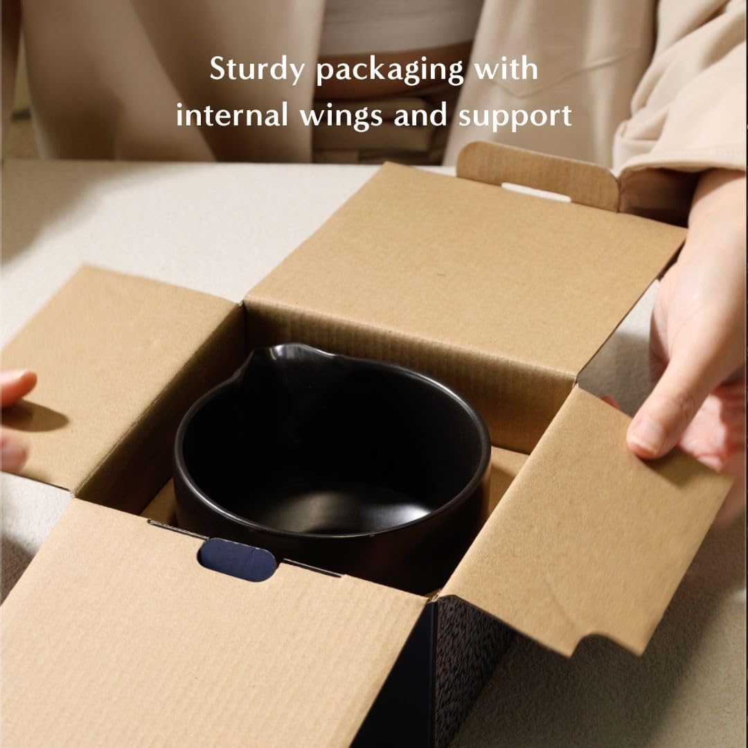 Naoki Matcha Ceramic Chawan Tea Bowl Set - Handmade Black Matte Glaze with Pour Spout - 18 Ounce Capacity