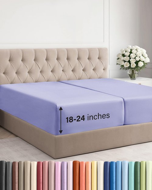 Extra Deep Split King Fitted Sheet - Hotel Luxury Single Fitted Sheet Only - Easily Fits 18 inch to 24 inch Mattress - Ultra Soft, Wrinkle Free with Extra Deep Pockets - Breathable & Comfy - Lavender