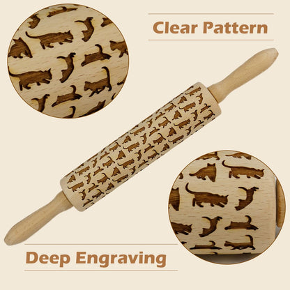 Embossed Rolling Pin for Baking Cookies Embossing Rolling Pins with Design Wooden Engraved Springerle Roller Pin Dough Animal Patterned Clay Pottery Ceramic Stamp Mold Gifts Bakers Women Kids (Cat)