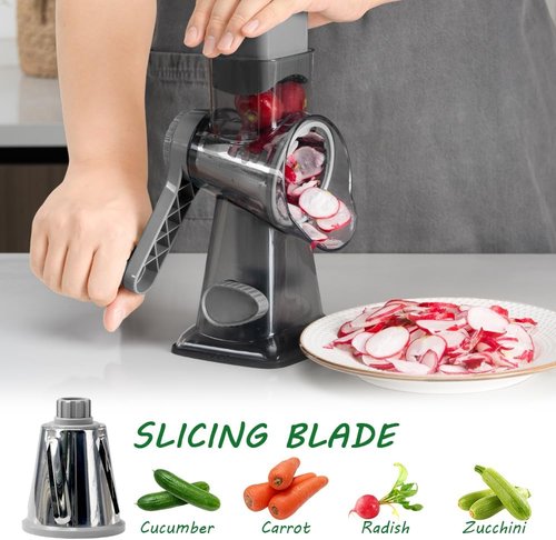 Cheese Grater - Hand Crank Rotary Vegetable Shredder with 3-in-1 Interchangeable Blades | Non-Slip Base
