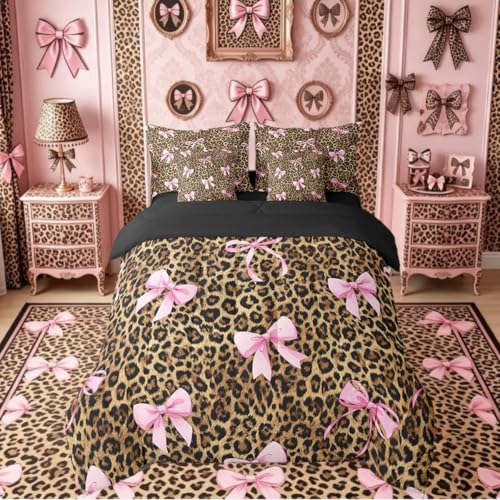 Leopard Print Bow 7-Piece Bedding Set Queen Pink Yellow Variation