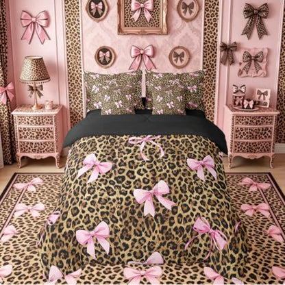 Leopard Print Bow 7-Piece Bedding Set Queen Pink Yellow Variation