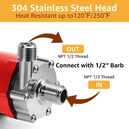 MRbrew Wort Pump Quick Disconnect Set Stainless Steel Magnetic Beer Pump for Wort Transfer, 1/2” NPT Thread 110V Quiet Operation With Switch Brewing High Temperature Resistance for Homebrew