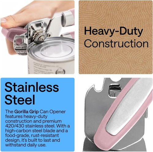 GORILLA GRIP Heavy Duty Can Opener - Smooth Edge Design with Comfortable Handle | Pink Color