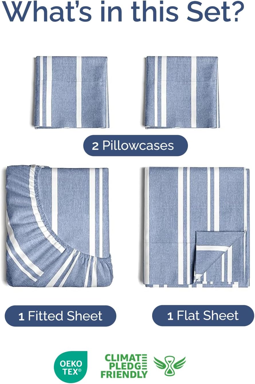 Skiennix Extra Deep Twin XL Sheet Set - 4 Piece Breathable Cooling Bedding - Soft Wrinkle-Free Blue Stripes