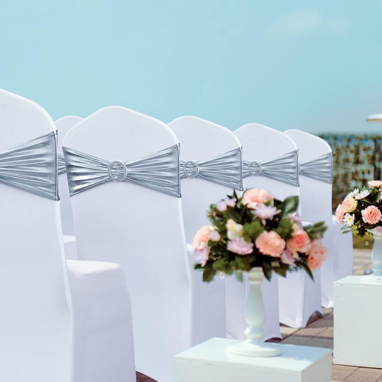 Babenest Spandex Chair Sashes - 30PCS Premium Stretch Covers with Buckle Slider | Metallic Silver for Weddings & Events