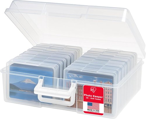IRIS USA Photo Organizers - 4" x 6" Storage Box with Handle & 16 Inner Cases for Easy Organization - Clear
