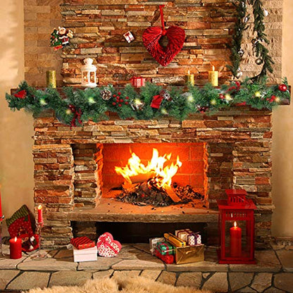 9 FT LED Christmas Garland with Pinecones Berries Bows & Lights
