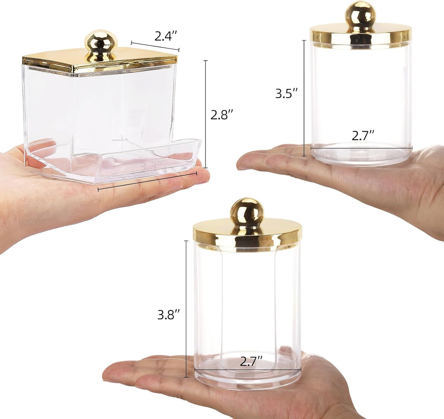 Tbestmax Qtip Dispenser - Elegant Bathroom Organizer with Gold Lids for Cotton Balls & Swabs | 3 Pack