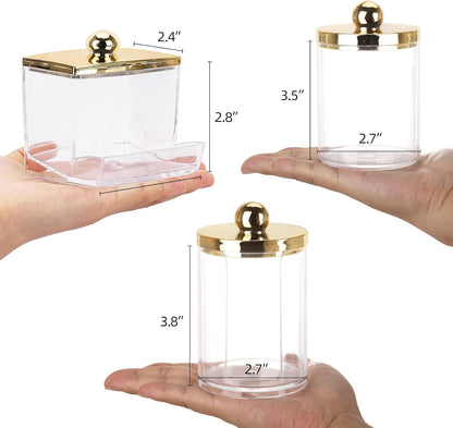 Tbestmax Qtip Dispenser - Elegant Bathroom Organizer with Gold Lids for Cotton Balls & Swabs | 3 Pack