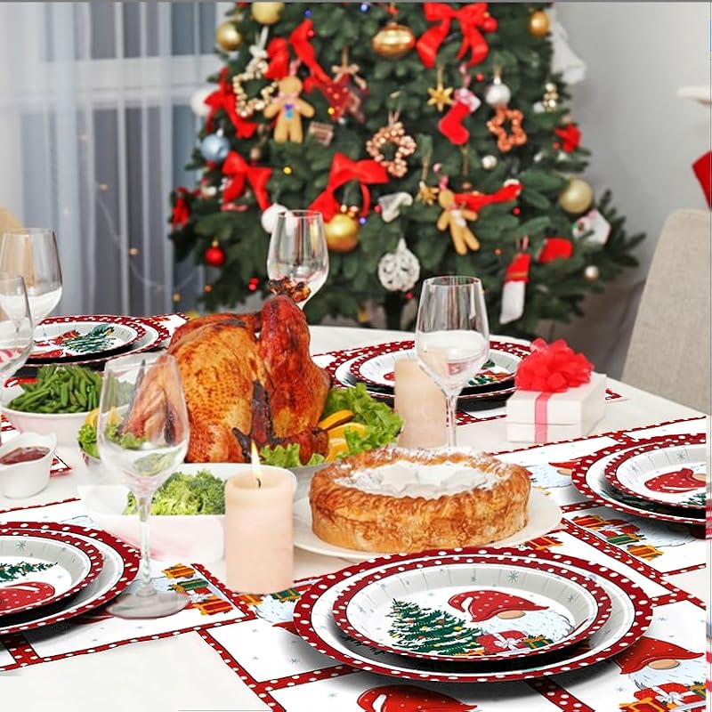 Christmas Paper Plates and Napkins Set for 50 Guests - Gnome & Tree Pattern Disposable Tableware