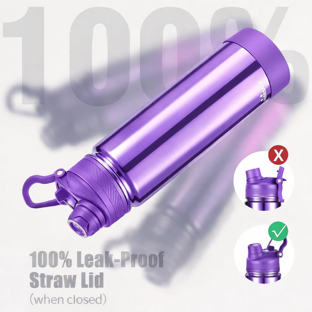 Mininoo 24 oz Insulated Water Bottle - BPA-Free, Leak-Proof Design with 2-in-1 Straw & Spout Lid | Violet Pulse