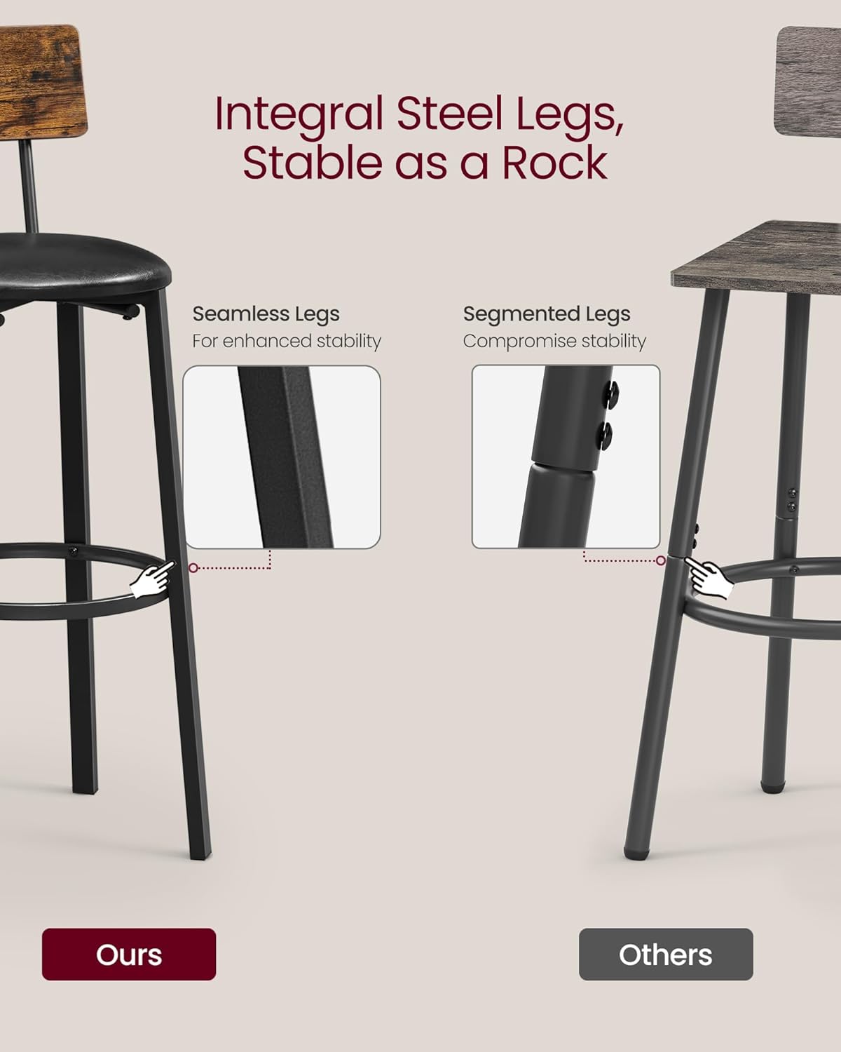 VASAGLE Bar Stools - Set of 2 PU Upholstered Breakfast Stools with Back & Footrest | Rustic Brown & Black, 29.7 Inches
