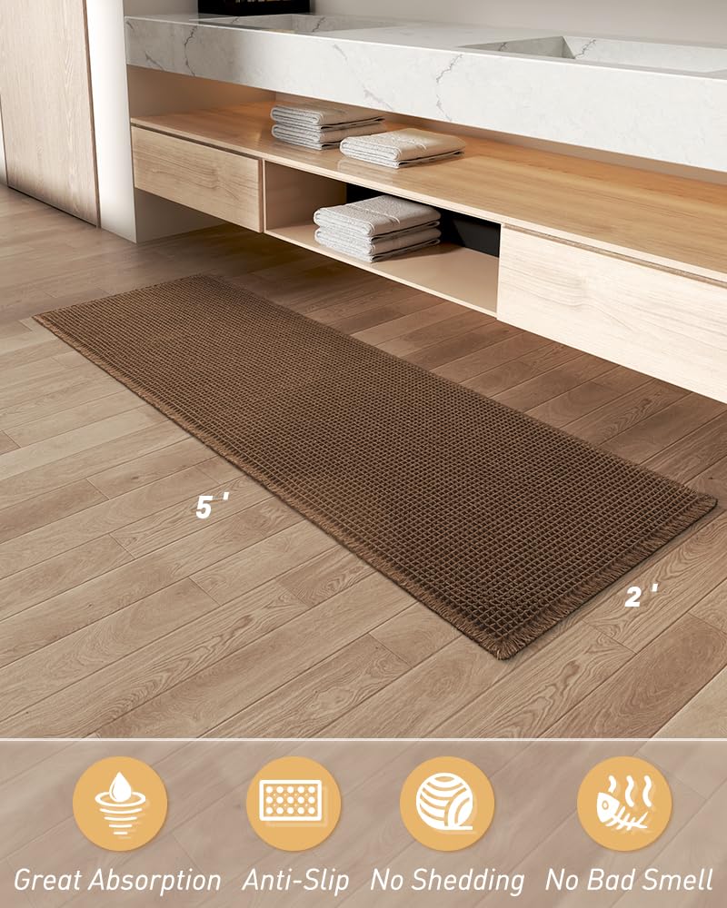 Upgraded Waffle Runner Rug Super Absorbent Non Slip Bath Mats for Bathroom Machine Washable Bathroom Runner Rug with Tassels, Ideal for Hallway Bedroom Laundry Room, 2' x 5' (24" x 60"), Terracotta