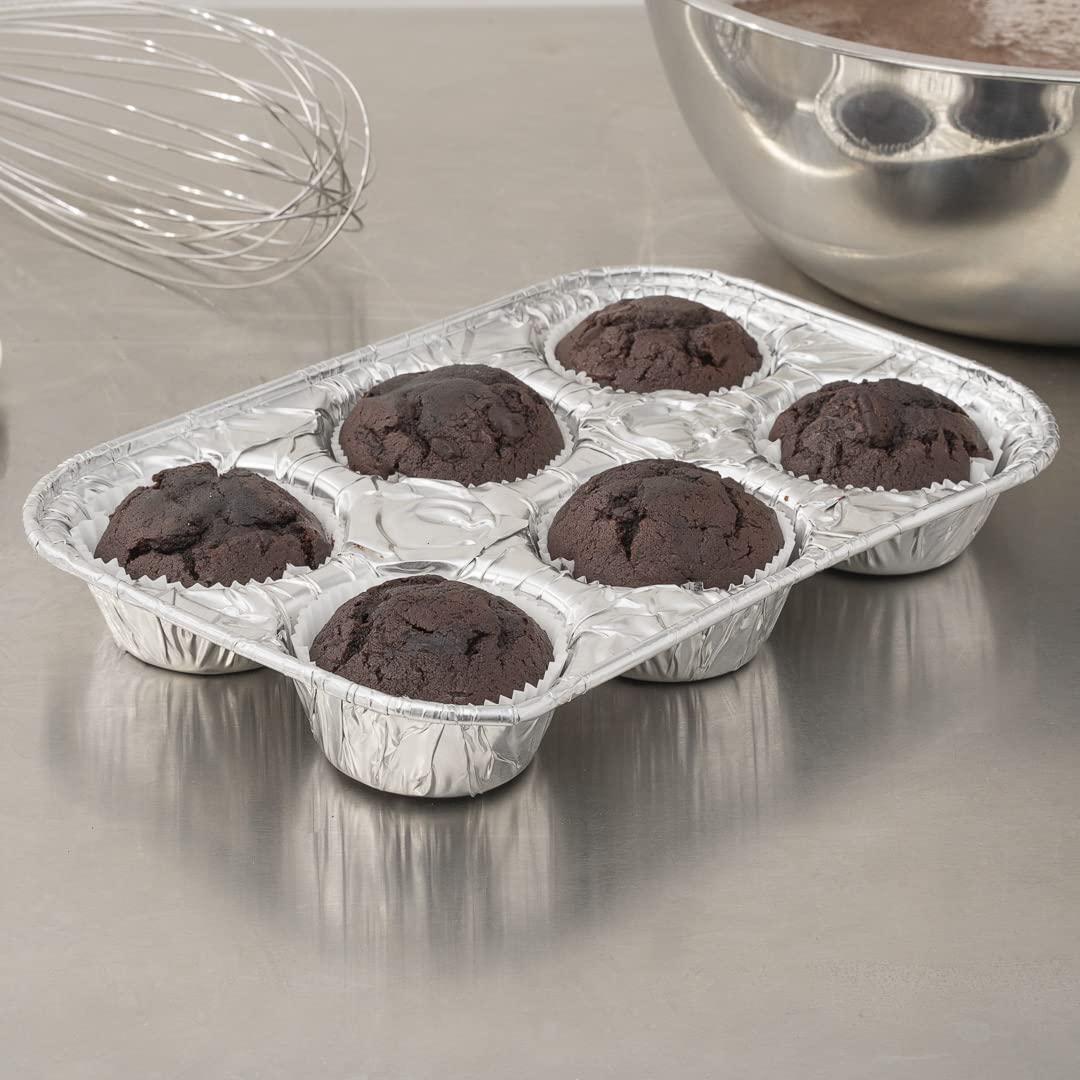 Restaurantware Pastry Tek 9.5 x 6.5 x 1.5 Inch Muffin Tins 25 Disposable Cupcake Pans - 6 Cavities Standard Size Silver Aluminum Baking Pans Durable For Baking Cupcakes Muffins or Mini Pies