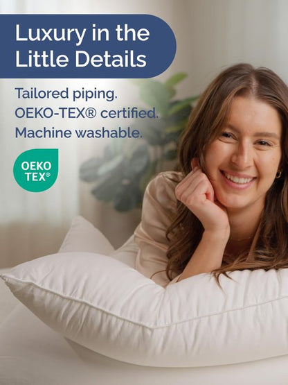 100% Cotton Bed Pillows - Queen Size Set of 2 - Breathable Cotton Cover - Soft, Comfy Down Alternative for Back & Stomach Sleepers - Low Density, Low Loft Support & Machine Washable, 20" x 36" (White)
