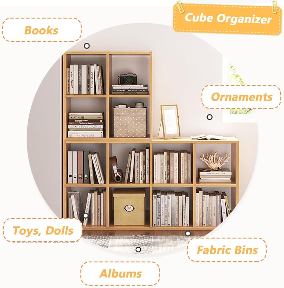 NELYE 6 Cube Organizer Bookcase - Stylish Oak Storage Solution with Fabric Bins for Books & Decor