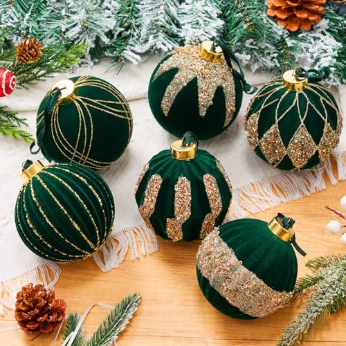 Dark Green Velvet Christmas Ball Ornaments 4 Inch Set of 6 - Holiday Decor