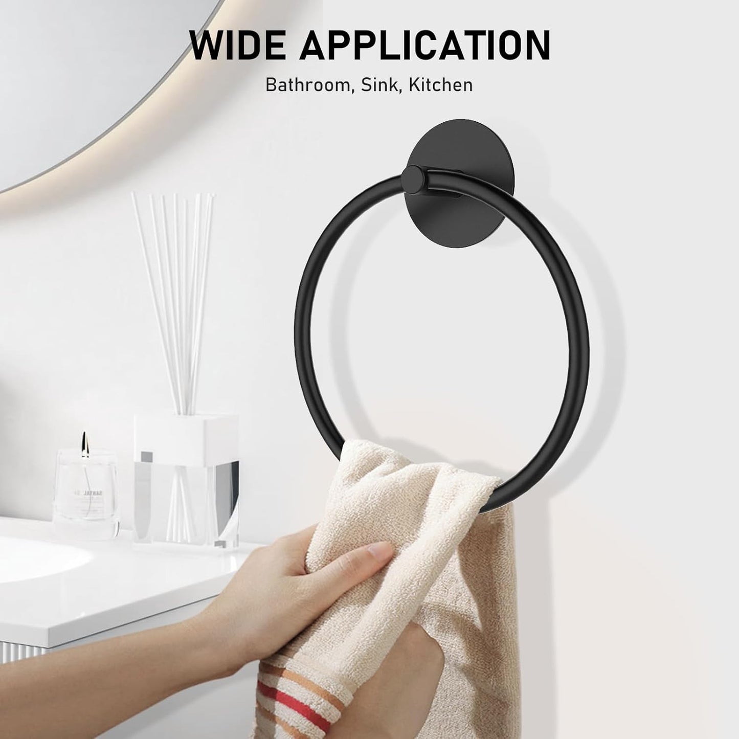 SetSail Matte Black Adhesive Towel Holder - Stainless Steel Hand Towel Ring for Bathroom & Kitchen