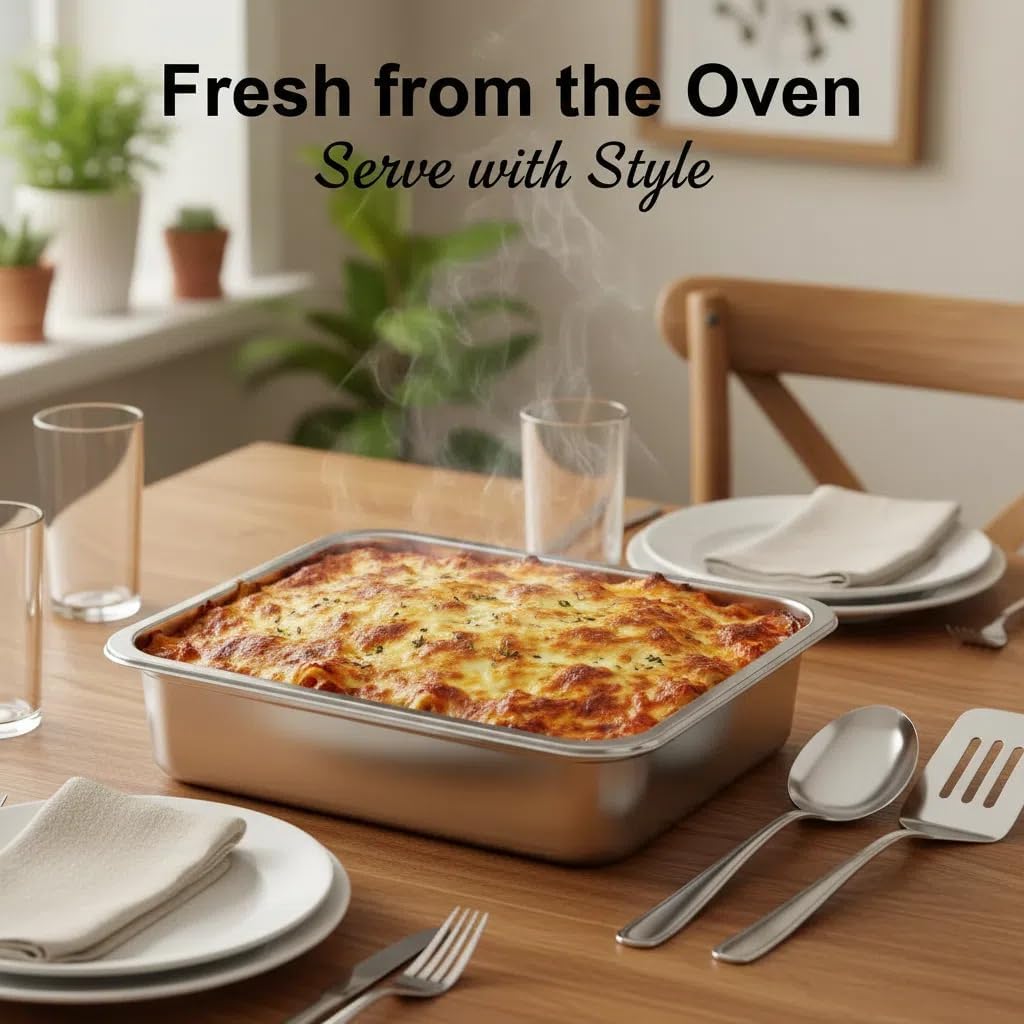 Skiennix 4-Inch Deep Lasagna Pan - 2 Pack 7.4QT Stainless Steel Baking Dish with Lid | Perfect for Roasting