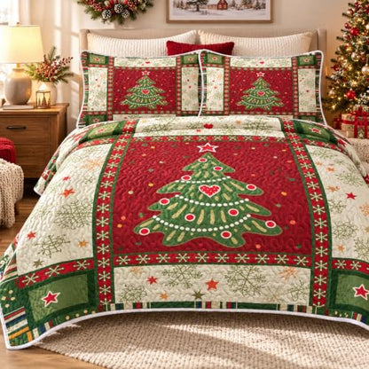 Christmas Quilt Set Queen - Red 3-Piece Tree Bedspread & Pillow Shams - Seasonal Bedding