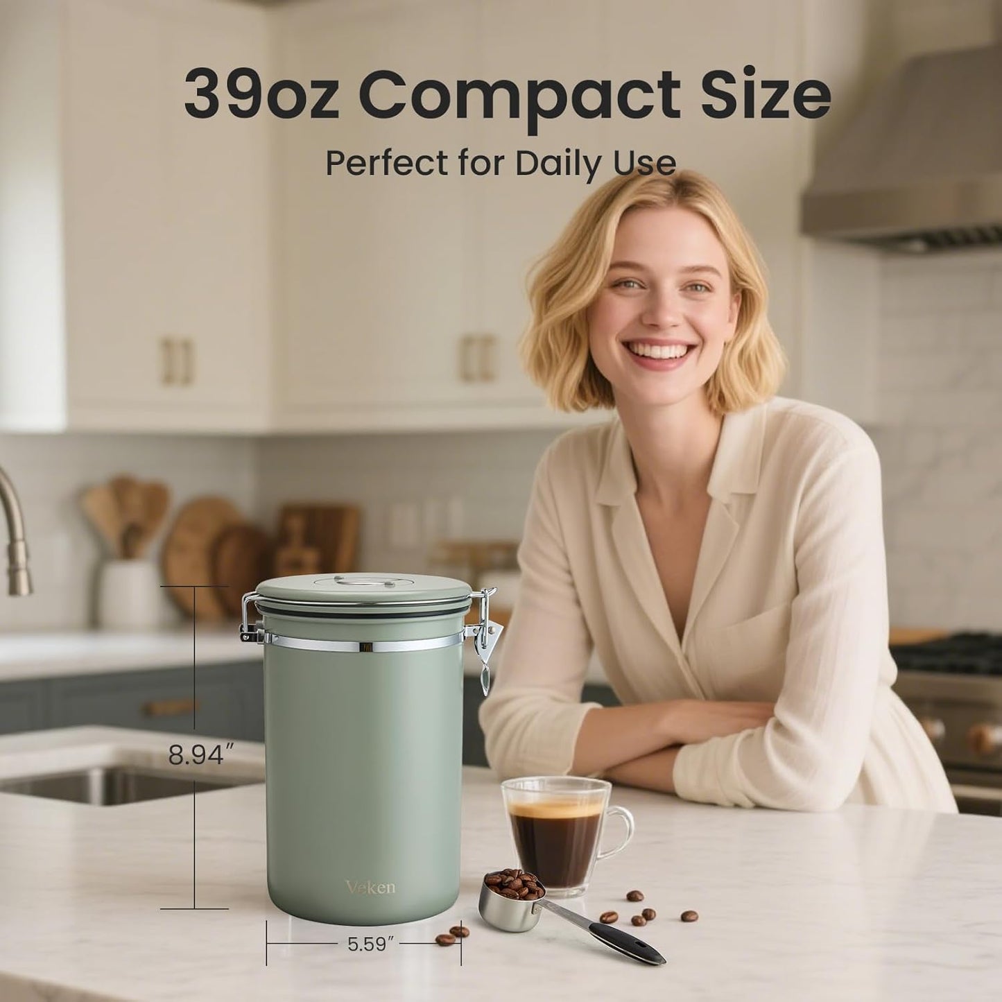 Veken Coffee Canister - 39oz Airtight Stainless Steel Storage for 2.2lbs Coffee, Sugar, Tea | Green with Date Tracker & Scoop