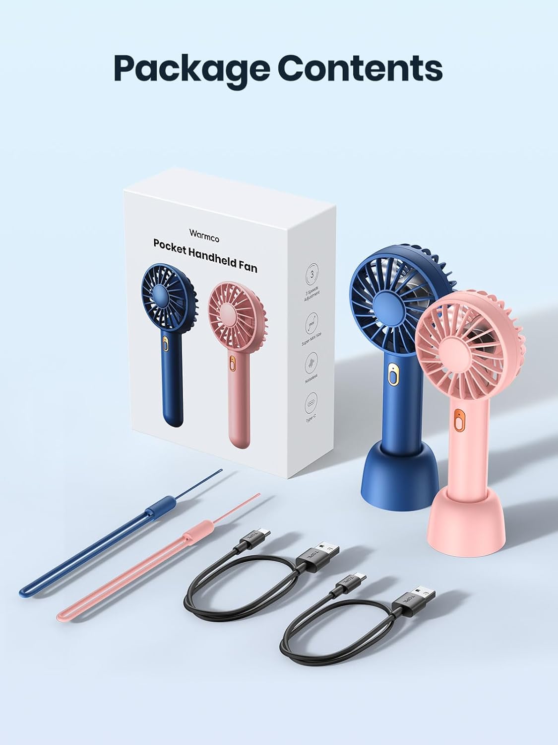 Warmco Mini Portable Fan 2-Pack | 3-Speed Rechargeable Handheld & Desk Fans for Travel & Summer (Blue & Pink)