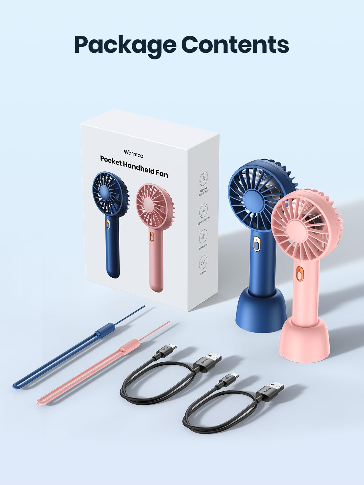 Warmco Mini Portable Fan 2-Pack - 3 Speed Rechargeable Handheld & Desk Fan with Base, Compact Cooling for Travel, Makeup, Summer Gift (Blue & Pink)