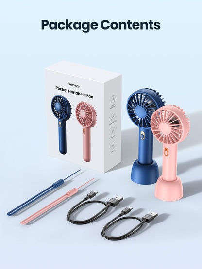Warmco Mini Portable Fan 2-Pack - 3 Speed Rechargeable Handheld & Desk Fan with Base, Compact Cooling for Travel, Makeup, Summer Gift (Blue & Pink)