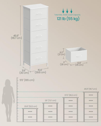 SONGMICS Dresser - 5-Drawer Storage Organizer Unit in Cloud White & Snow White | Stylish Bedroom Chest