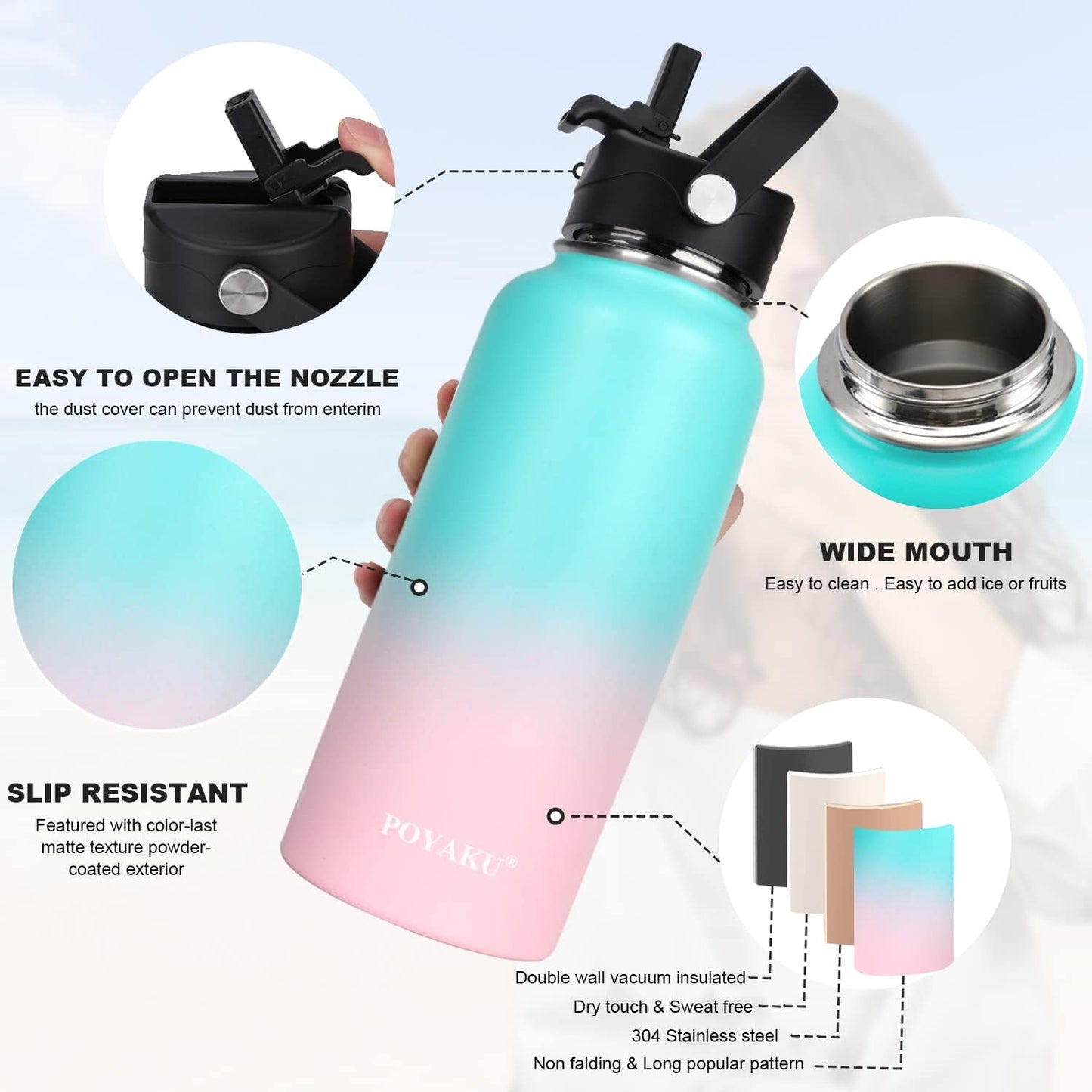 Skiennix Insulated Water Bottle - Leak Proof, Vacuum-Sealed Design | 32oz, 40oz, 64oz, 128oz Options