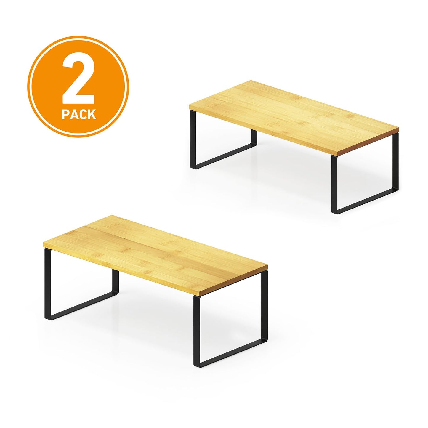 SpaceAid Cabinet Shelf Organizers 2 Pack, Kitchen Counter Rack Shelves Riser, Stackable Expandable Spice Rack, Pantry Cupboard Storage Organization (Black and Natural, Long)