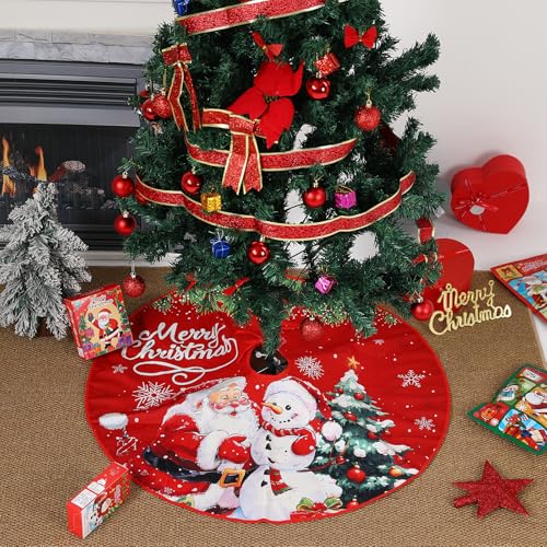 Christmas Tree Skirt Santa Claus Snowman Prints 28 Inch Red Festive Decor