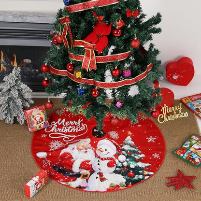 Christmas Tree Skirt Santa Claus Snowman Prints 28 Inch Red Festive Decor