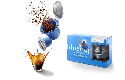 BLUECUP Refillable Pods compatible with Nespresso (Original line) Starterkit [2 reusable capsules + 100 lids + 1 pod sealer + 1 spoon]