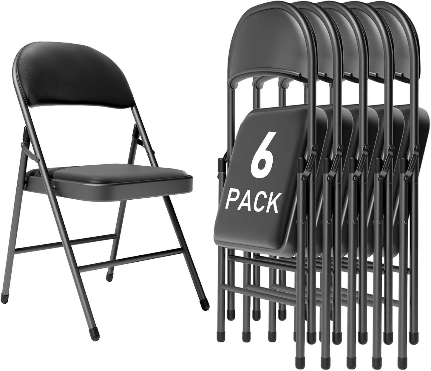 Black Folding Chairs - Heavy-Duty Steel Frame, 350LBS Capacity | 6-Pack for Indoor/Outdoor Events