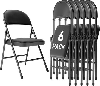 Black Folding Chairs - Heavy-Duty Steel Frame, 350LBS Capacity | 6-Pack for Indoor/Outdoor Events