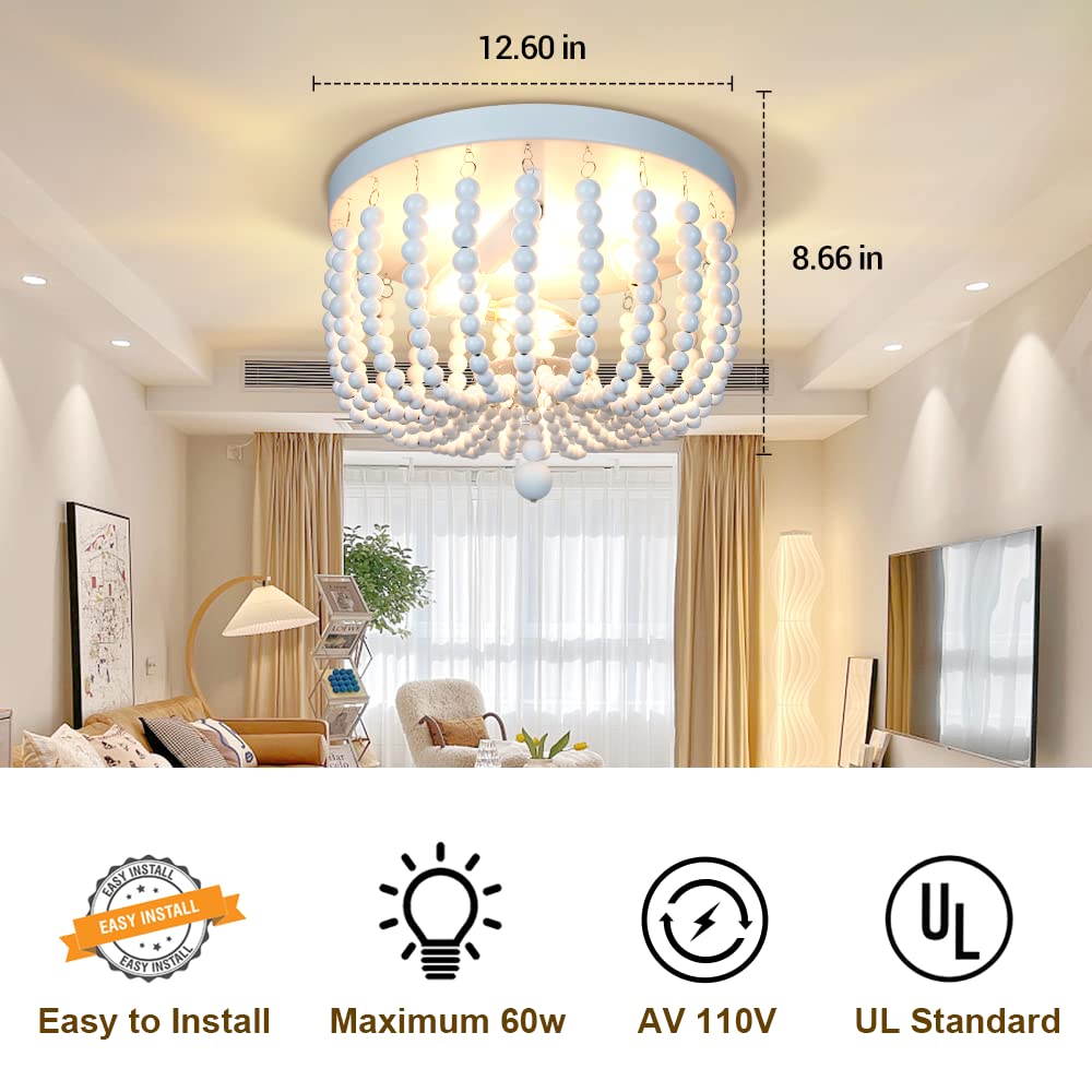 SUNOVO Beaded Chandelier Light Fixture, Boho Light Fixtures Ceiling White, Wood Bead Flush Mount Ceiling Light, 3-Lights Bead Ceiling Lights for Bedroom, Dining Room, Hallway, Nursery Lighting