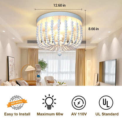 SUNOVO Beaded Chandelier Light Fixture, Boho Light Fixtures Ceiling White, Wood Bead Flush Mount Ceiling Light, 3-Lights Bead Ceiling Lights for Bedroom, Dining Room, Hallway, Nursery Lighting