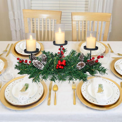 Regine Switzerland Christmas Table Centerpiece - 3 Candle Holders with Red Berries & Pine Cones | Holiday Home Decor