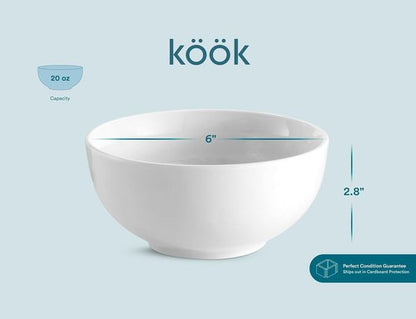 KooK Ceramic Cereal Bowls - Microwave & Dishwasher Safe Porcelain Dishes - 24 oz Marshmallow White (Set of 4)
