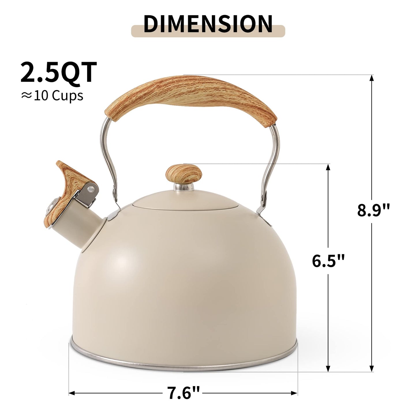 LONFFERY Tea Kettle, 2.5 Quart Whistling Tea Kettle, Tea Pots for Stove Top Food Grade Stainless Steel with Wood Pattern Folding Handle - Creamy White