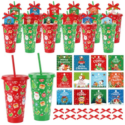 Christmas Plastic Cups Set with Lids & Straws - 24 oz, Red & Green, 24 Pack