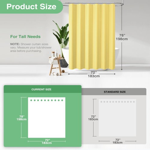 Dynamene Long Fabric Shower Curtain - 78 inch Long Waffle Weave Weighted Cloth Shower Curtains for Bathroom, Neutral Heavy Duty Hotel Spa Luxury Bath Curtain Set with 12 Hooks, 72x78, Yellow