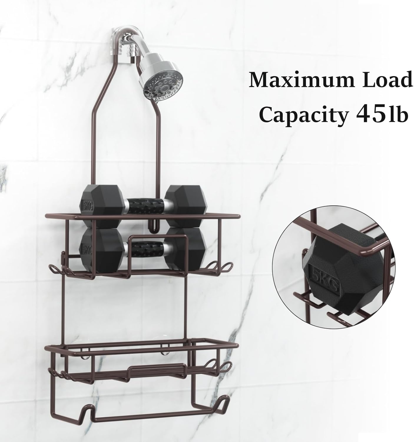Rustic Bronze Shower Caddy by [Brand Name] - Overhead Organizer with 10 Hooks & Towel Bar for Bathroom Storage